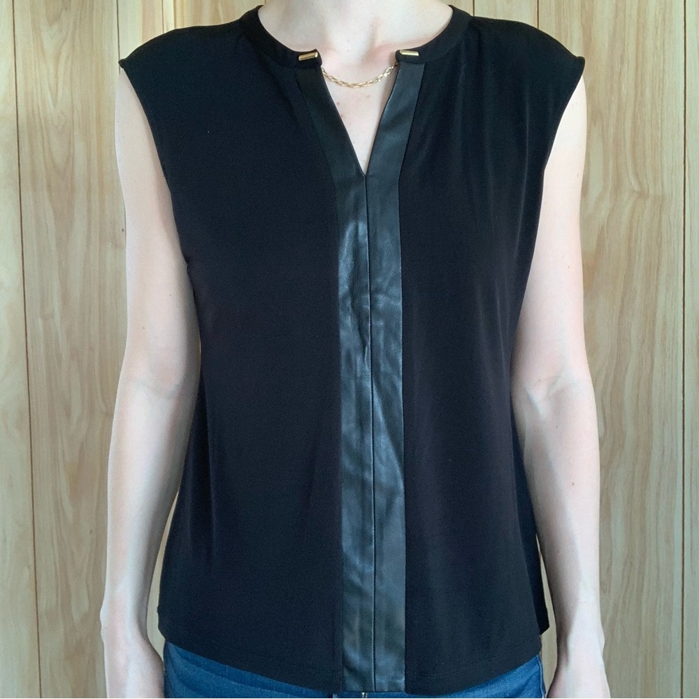 Calvin Klein Sleeveless Blouse w/ Leather Accent